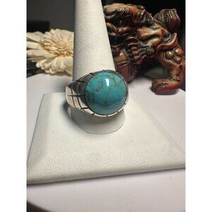 Sterling Silver Turquoise Stone Ring By Malesis Size 13 With Unique Grid Design